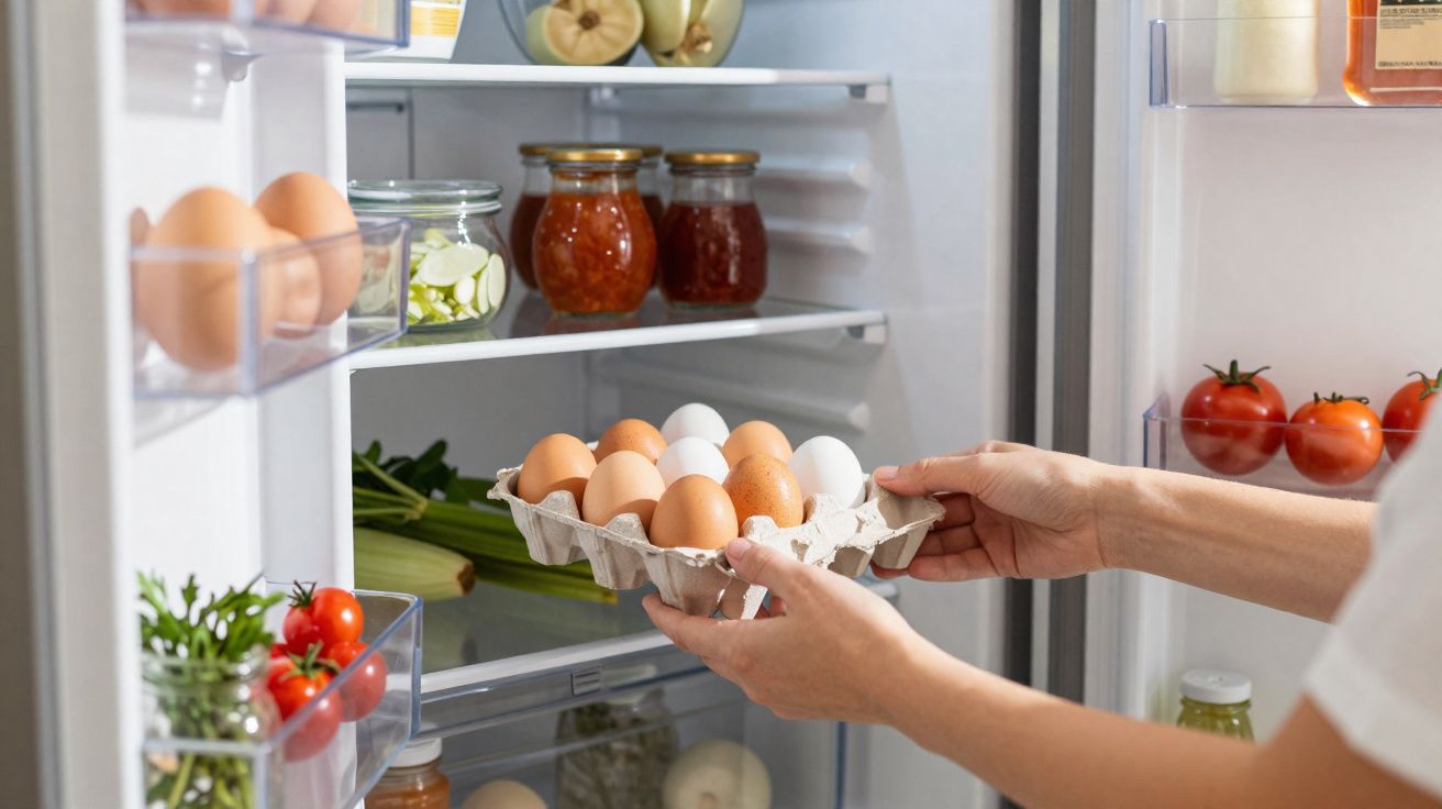 Mãos a colocar tabuleiro com ovos dentro de frigorífico aberto com legumes, condimentos e ovos.