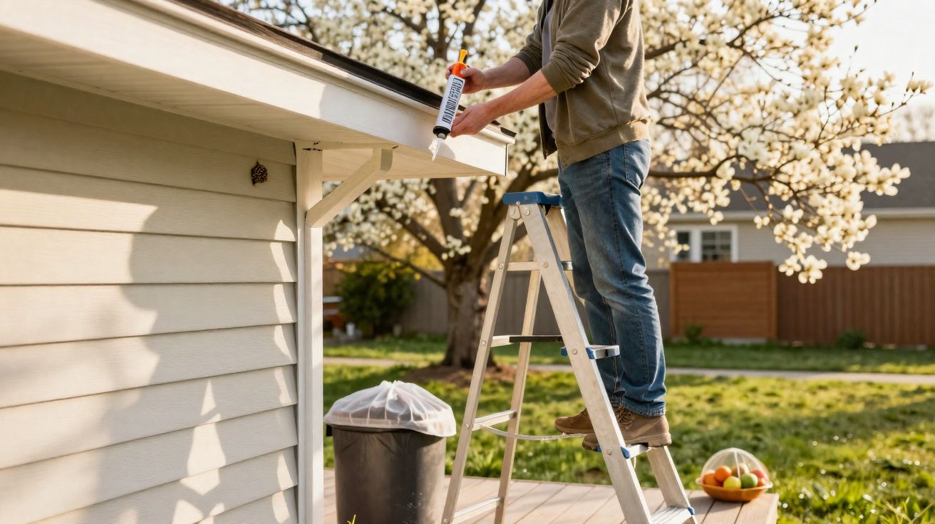 Pessoa em escada aplica selante no beiral de uma casa com árvores floridas ao fundo.