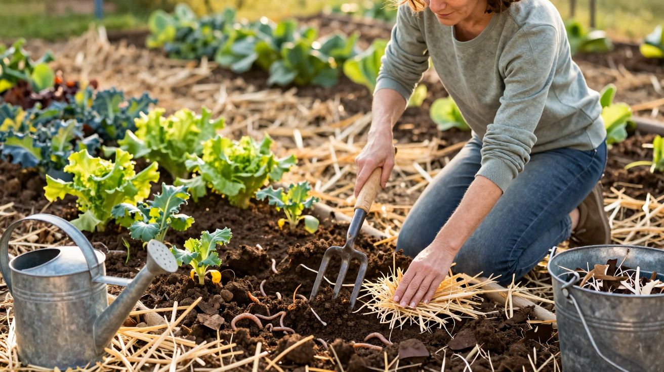 Pessoa a cuidar de hortaliças numa horta, a colocar palha e a usar um garfo de mão para mexer a terra.