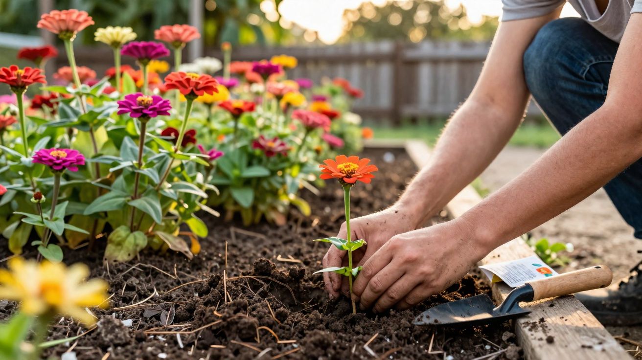 Pessoa a plantar flor laranja num canteiro com várias flores coloridas em ambiente exterior.