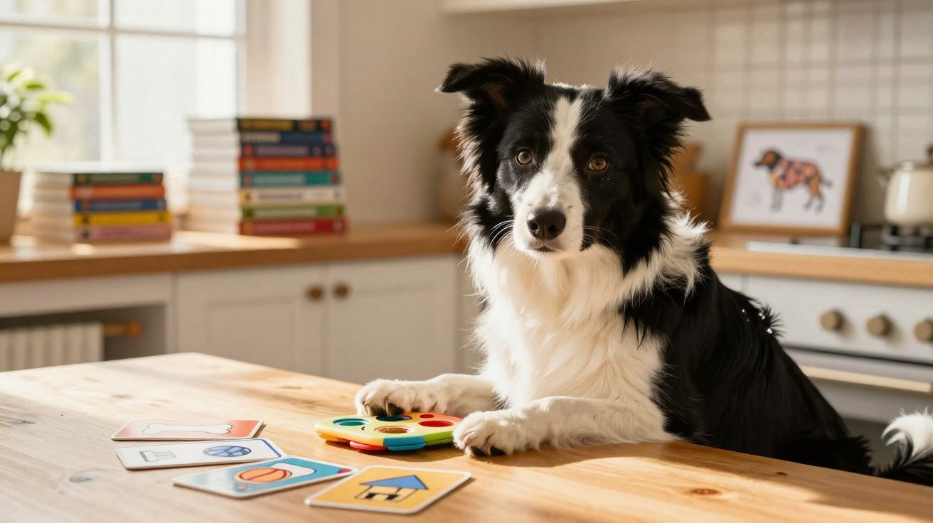 Cão preto e branco sentado à mesa com cartas ilustradas e um brinquedo colorido numa cozinha iluminada.