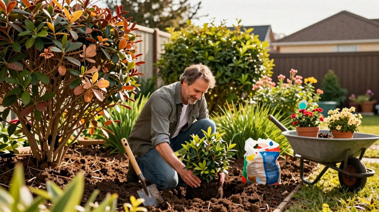 Homem a plantar uma muda numa horta caseira com vegetação e ferramentas ao redor num dia ensolarado.
