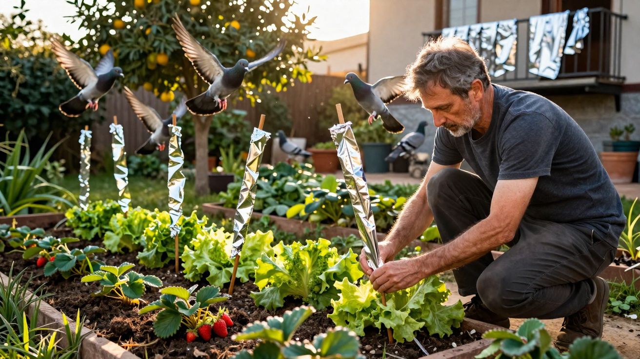 Homem a cuidar de horta com alfaces e morangos enquanto pombos voam ao redor no jardim.
