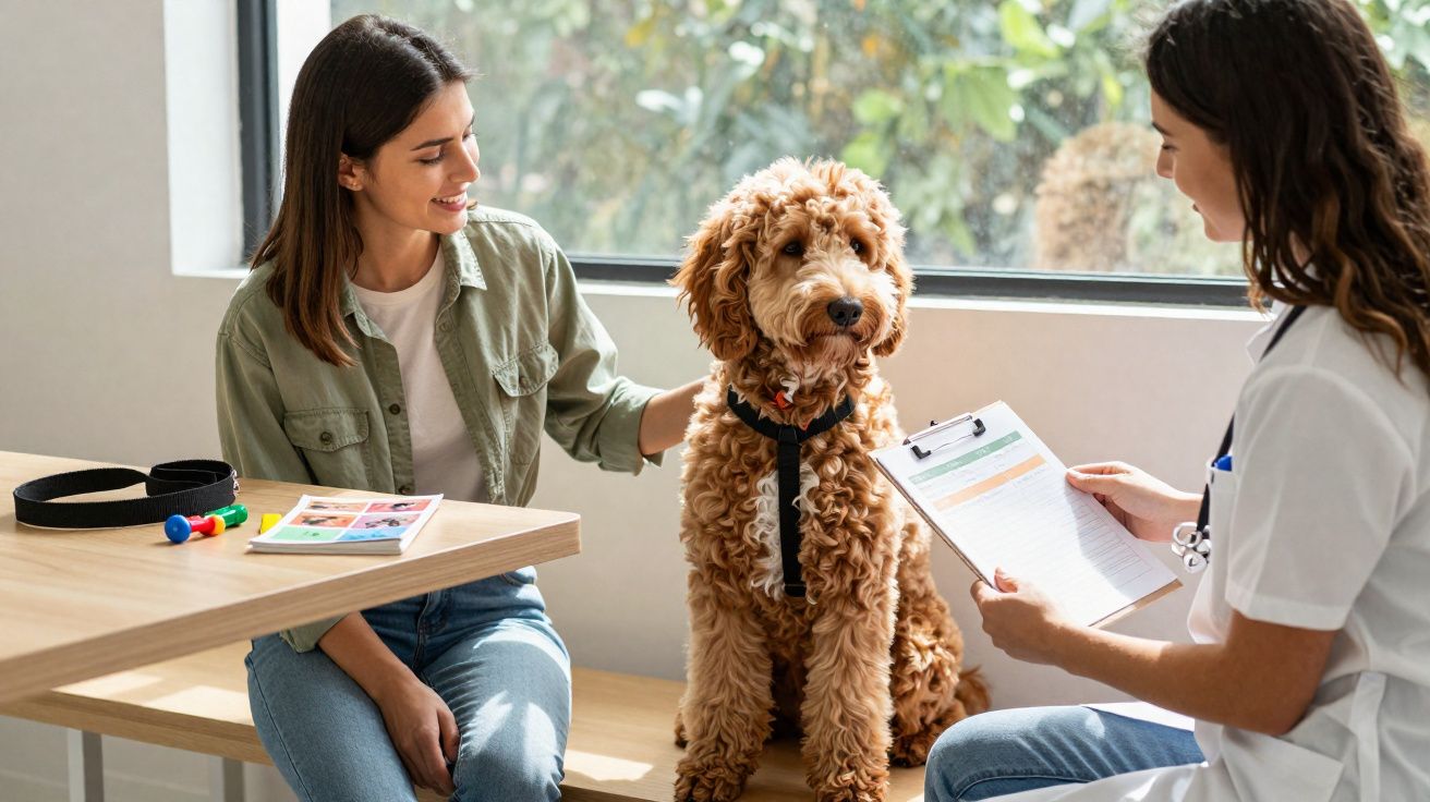 Mulher e veterinária consultam cão com coleira num consultório com janela grande.