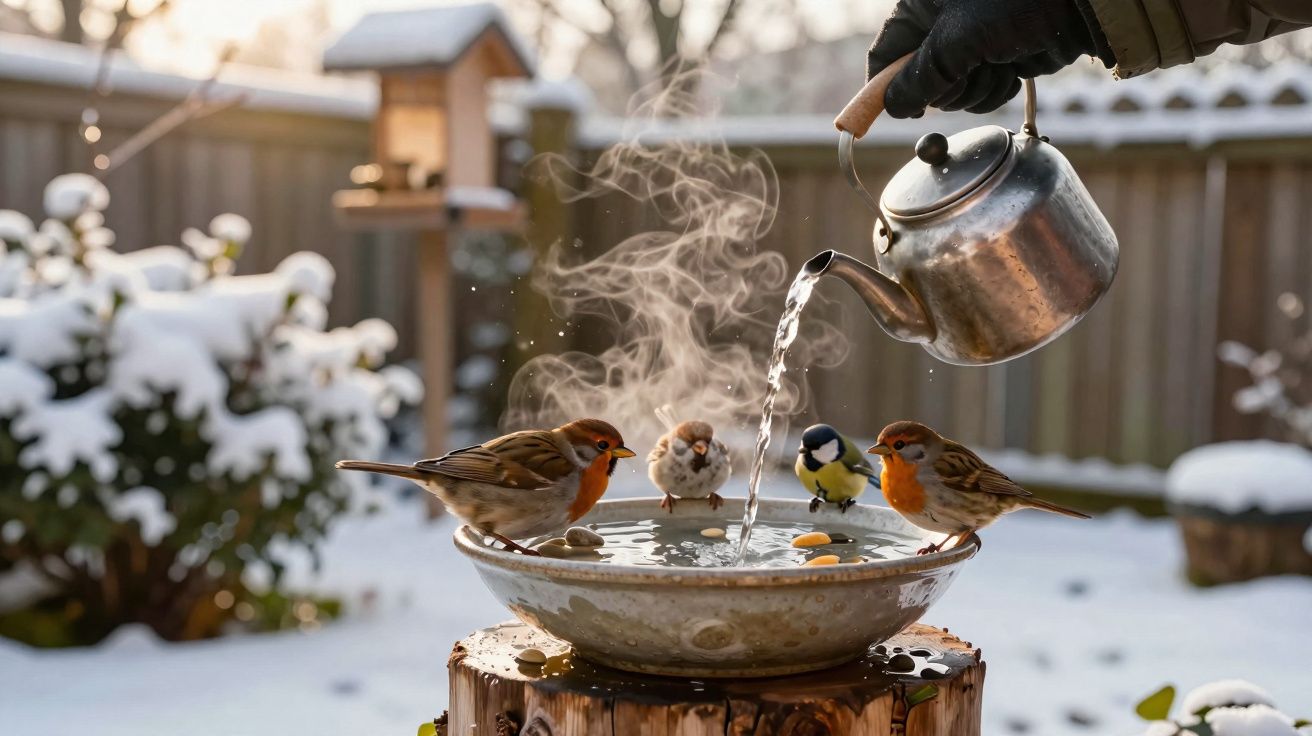Mãos a deitar água quente numa bacia com vapor para pássaros beberem, rodeada de neve.