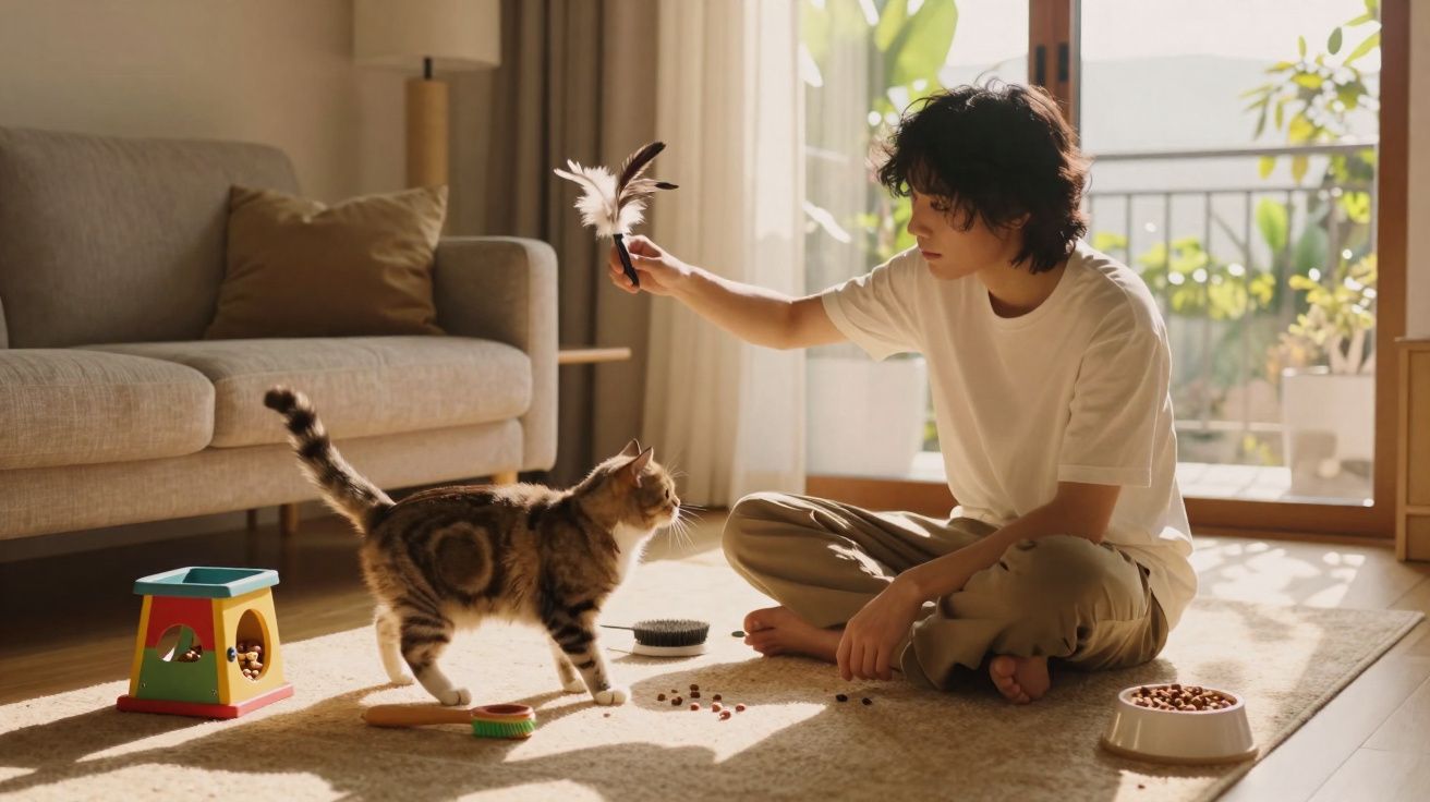 Pessoa sentada no chão a brincar com gato usando pena numa sala iluminada e acolhedora.