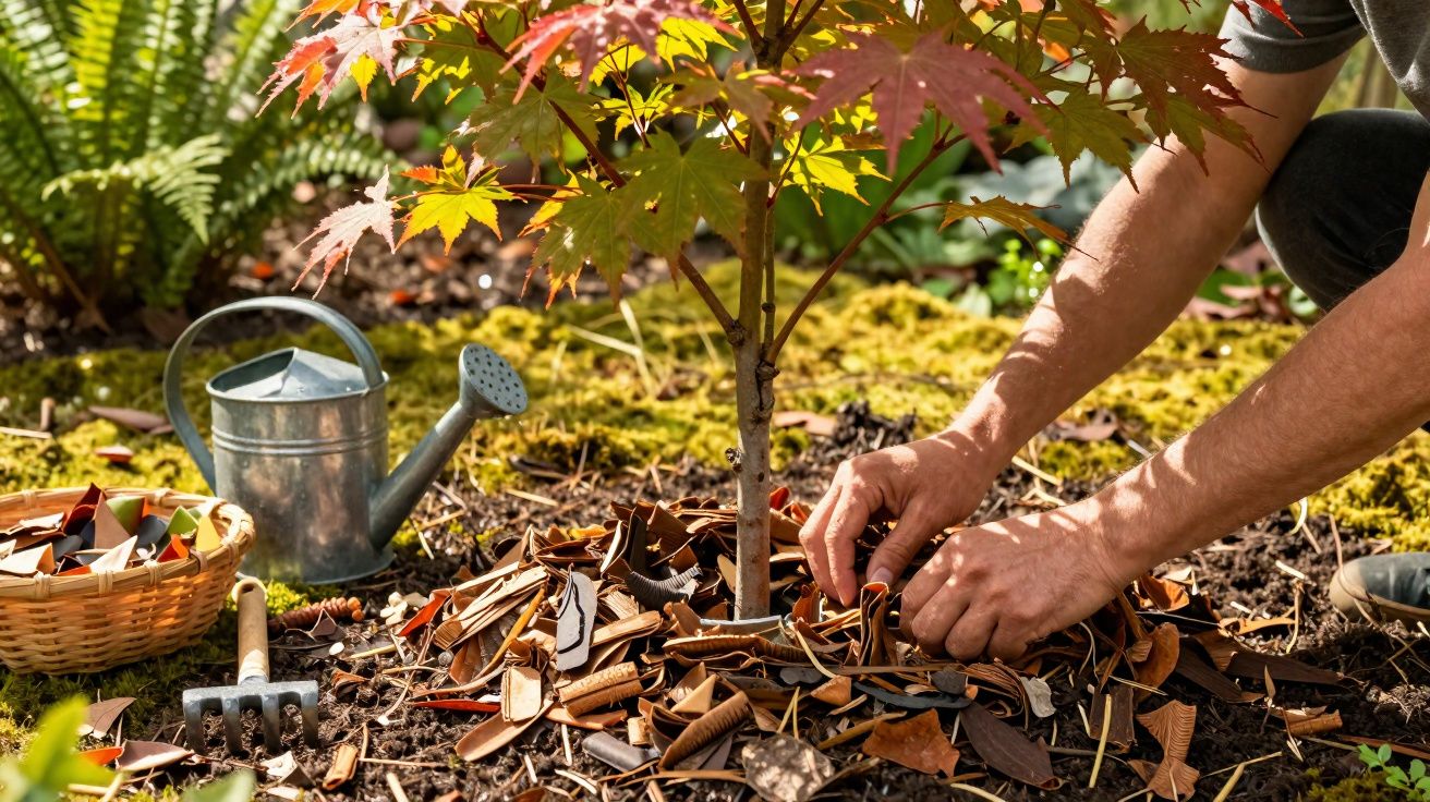 Pessoa a cuidar de planta jovem, cobrindo terra com folhas secas, regador e cesta ao lado.
