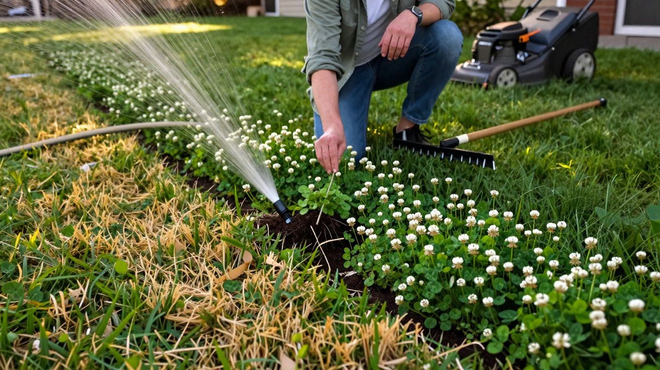 Pessoa a regar flores brancas num jardim, com relva seca visível ao lado.
