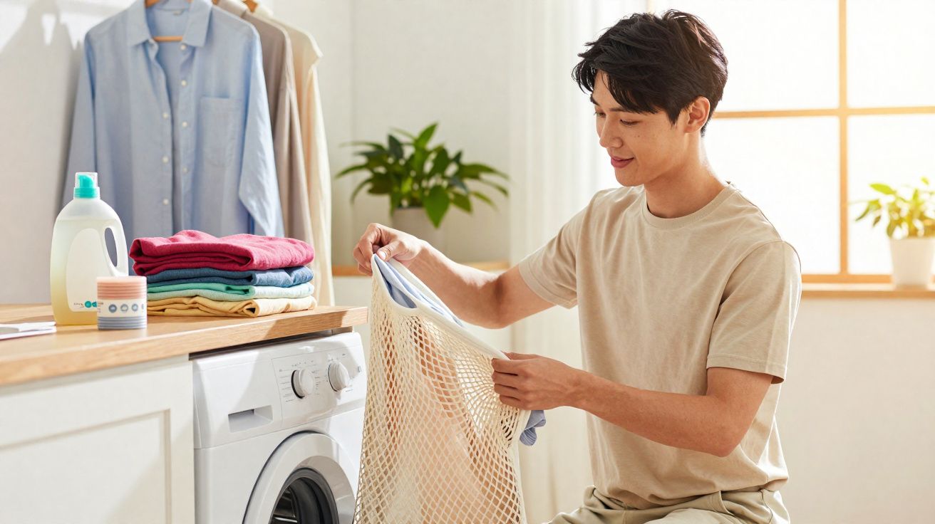 Homem a colocar roupa na máquina de lavar numa lavandaria luminosa e organizada.