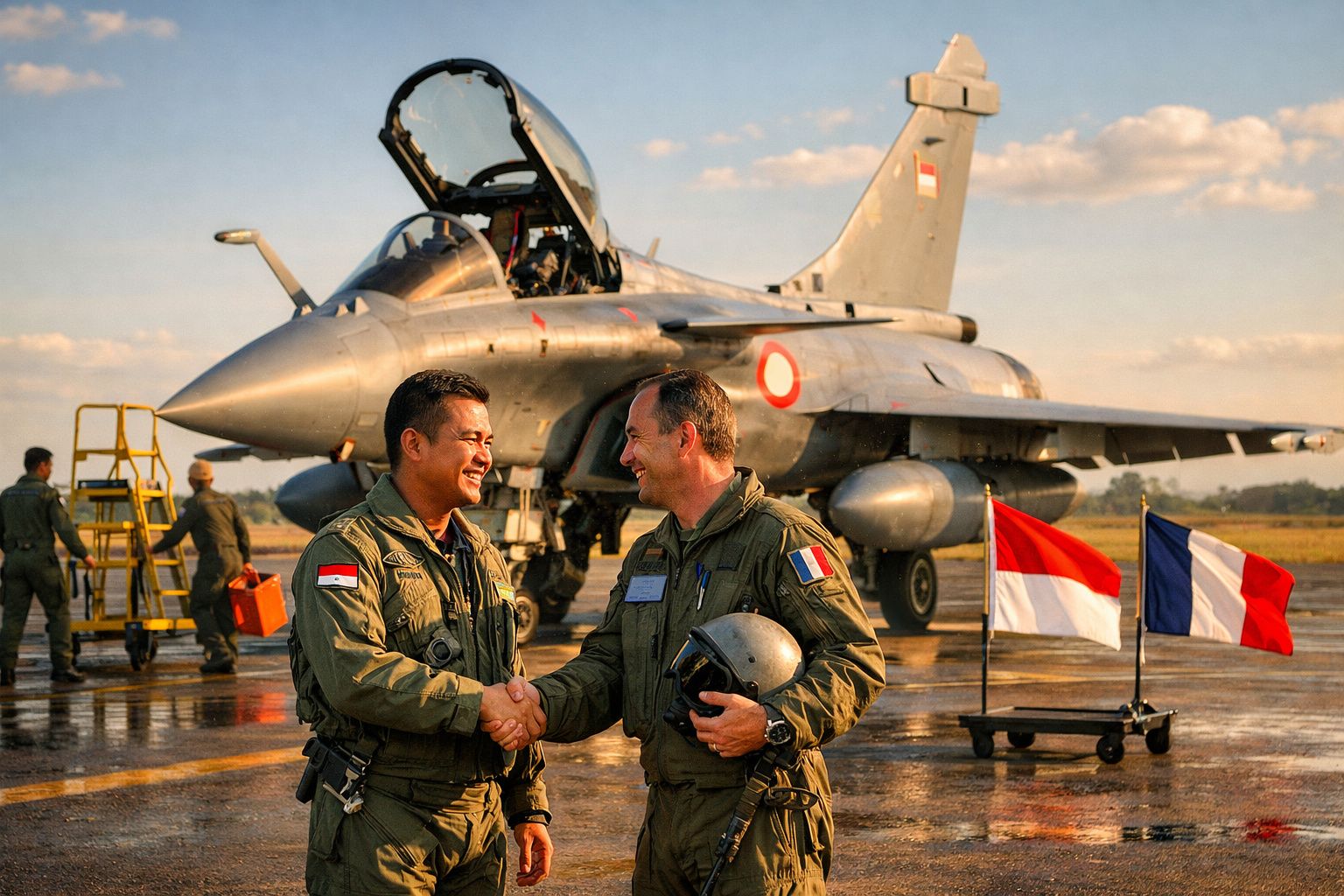Dois pilotos militares cumprimentam-se junto a um caça militar com as bandeiras da Indonésia e França.