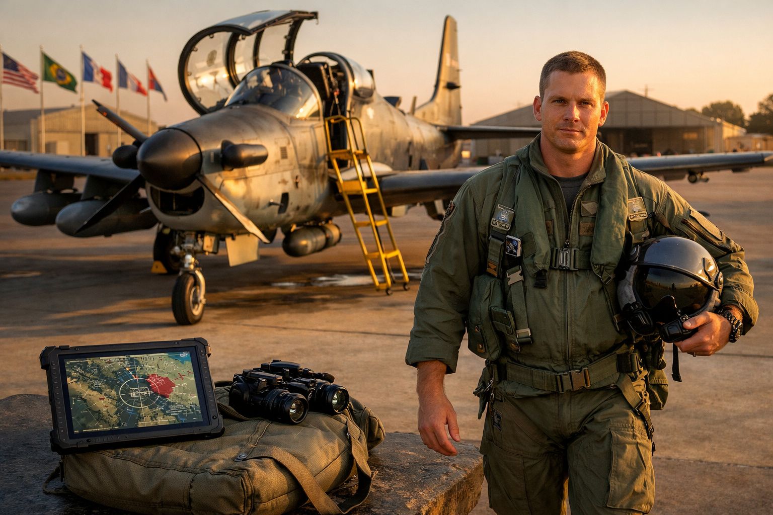 Piloto militar em uniforme verde, capacete na mão, ao lado de avião de combate numa pista ao pôr do sol.