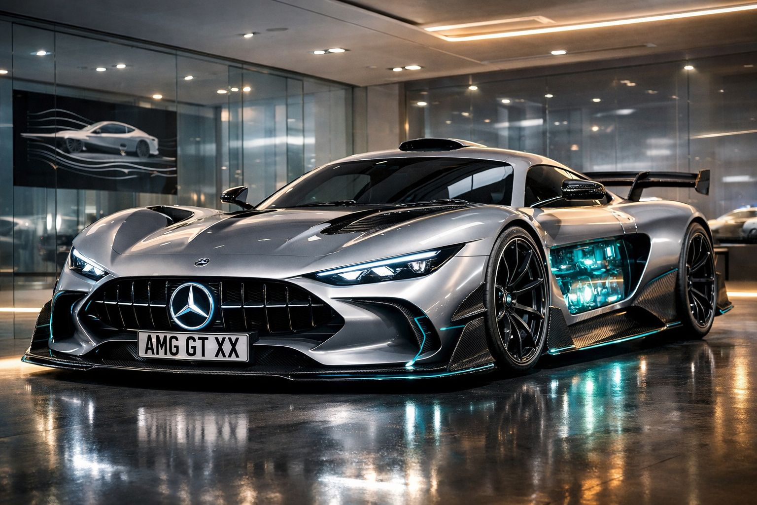 Carro desportivo Mercedes AMG GT XX cinzento metálico exposto em interior moderno com iluminação ambiente.