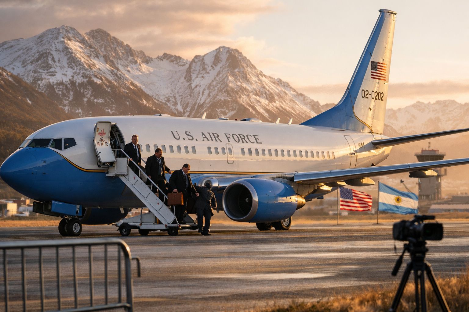 Avião militar dos EUA na pista com homens de fato a sair e montanhas cobertas de neve ao fundo.