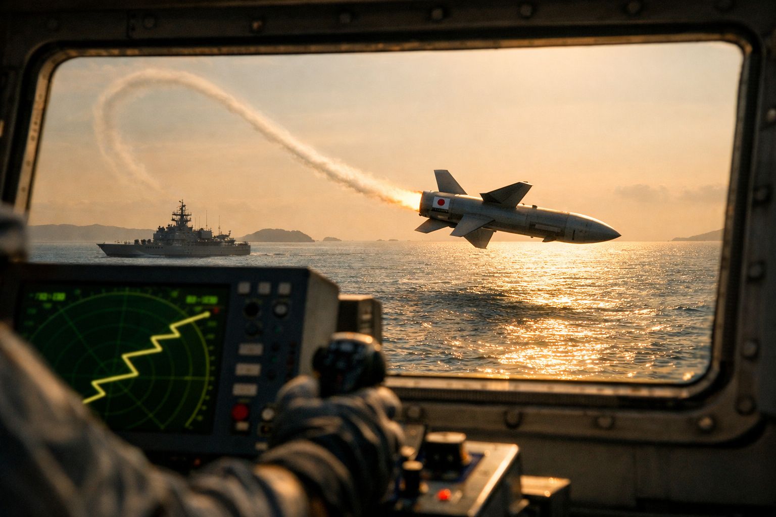 Míssil a ser lançado do mar ao pôr do sol, visto do interior de um navio com radar ativo.