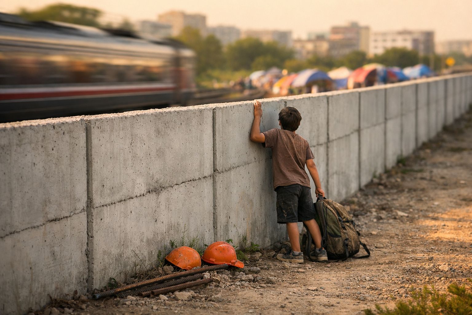 Criança olhando por cima de muro para comboio em movimento, com mochila e capacetes no chão.