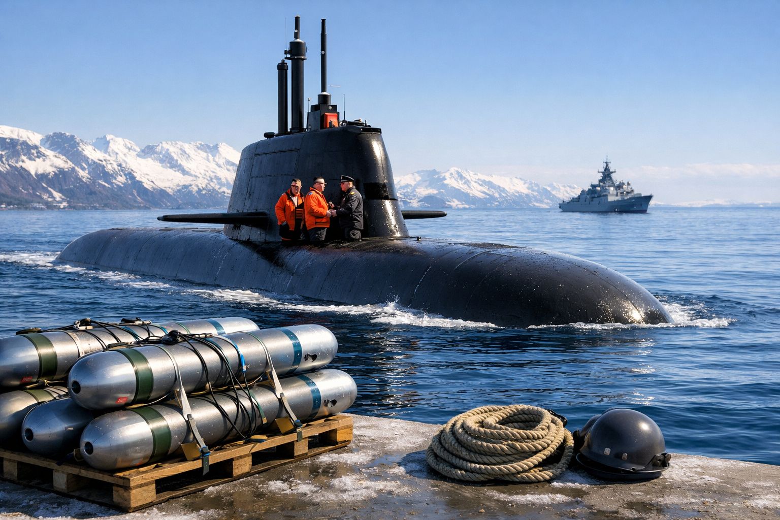 Submarino com três tripulantes na torre, perto de mísseis em palete, em mar calmo com montanhas nevadas ao fundo.
