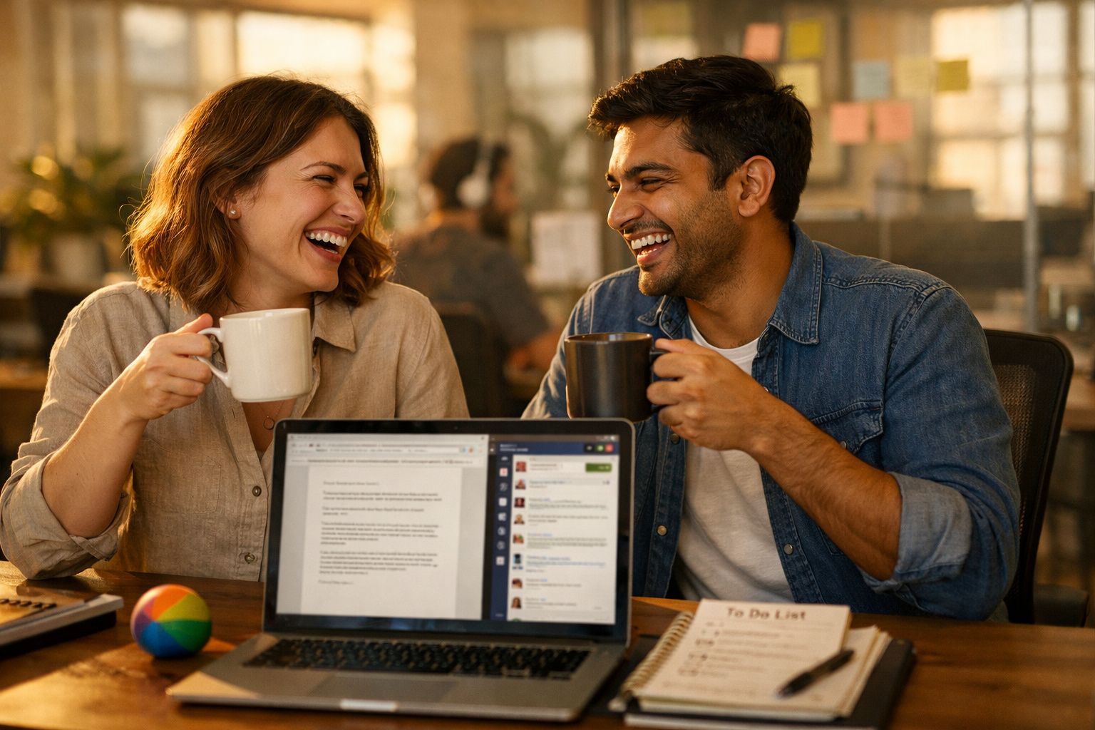 Duas pessoas a rir e a beber chá junto a um computador portátil numa mesa de escritório.