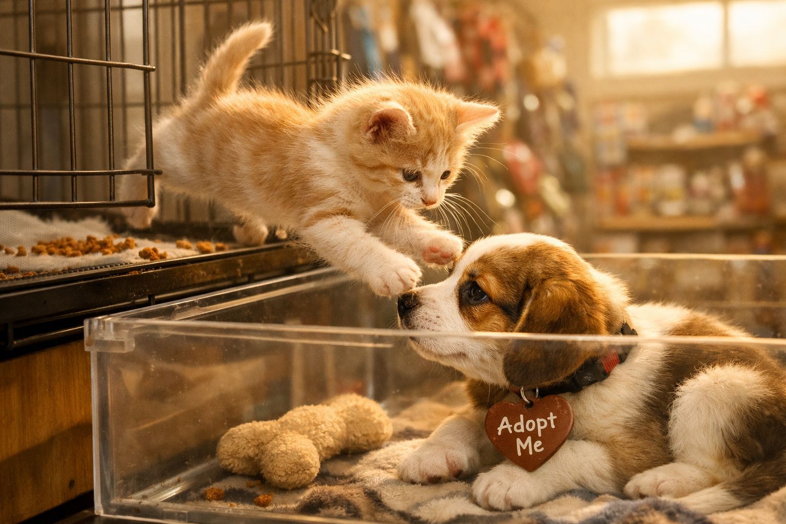 Gato laranja brinca com cão de raça pequena com placa "Adopt Me" numa caixa transparente.