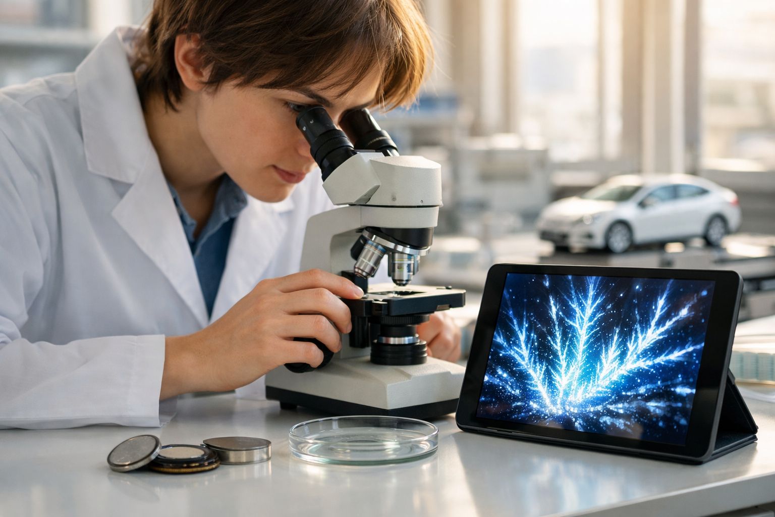 Mulher cientista observa amostra no microscópio com imagem digital de estrutura cristalina ao lado.