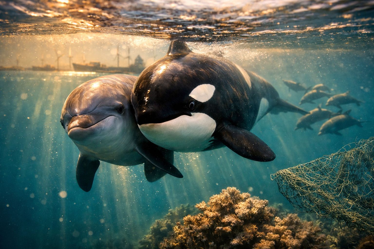 Orca e golfinho nadam juntos perto de rede de pesca abandonada no fundo do mar iluminado.