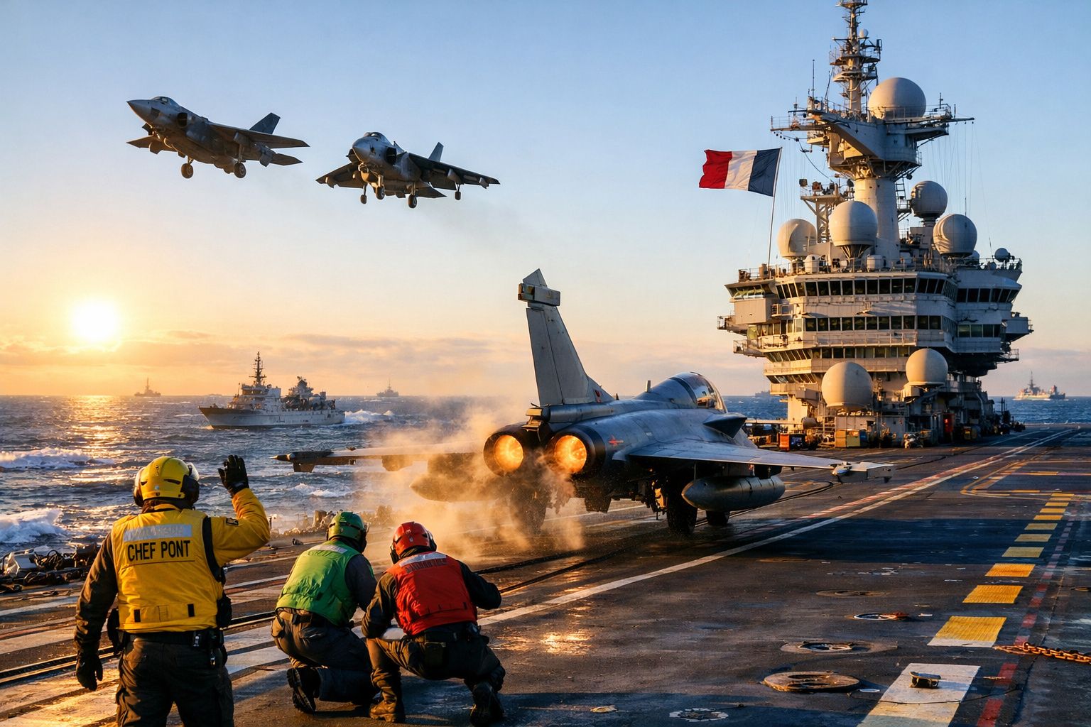 Porta-aviões francês com jatos militares a descolar e equipa de controlo no convés ao pôr do sol no mar.