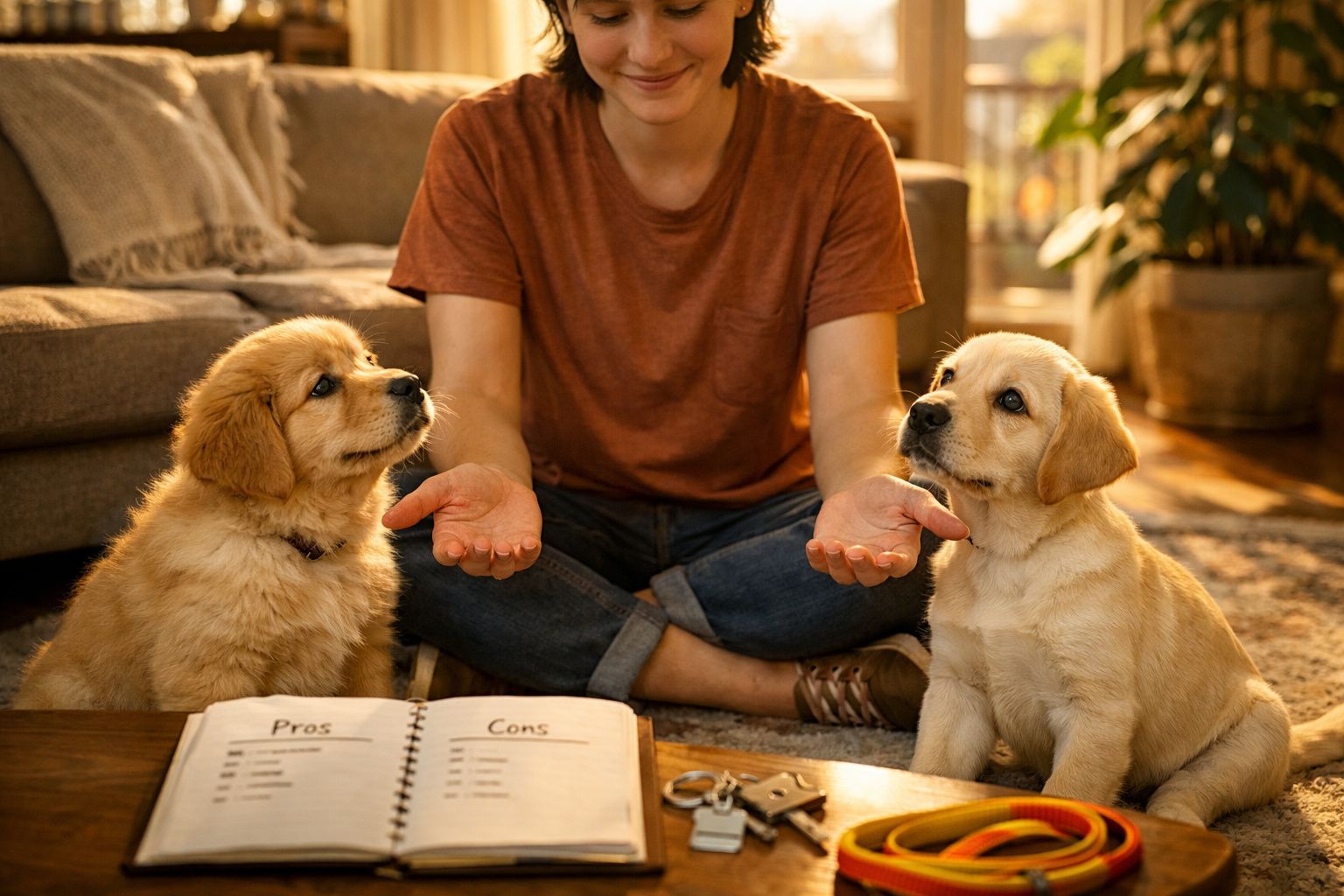 Pessoa sentada no chão com dois cachorros golden retriever e caderno aberto num ambiente acolhedor.
