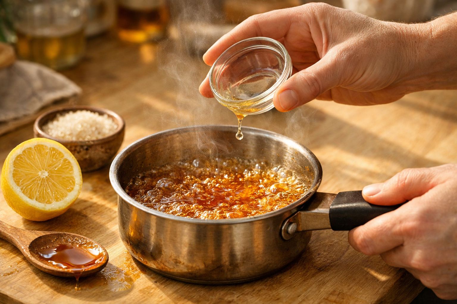 Mãos a verter mel ou xarope numa panela com líquido a ferver, limão cortado ao meio e açúcar em taça no fundo.