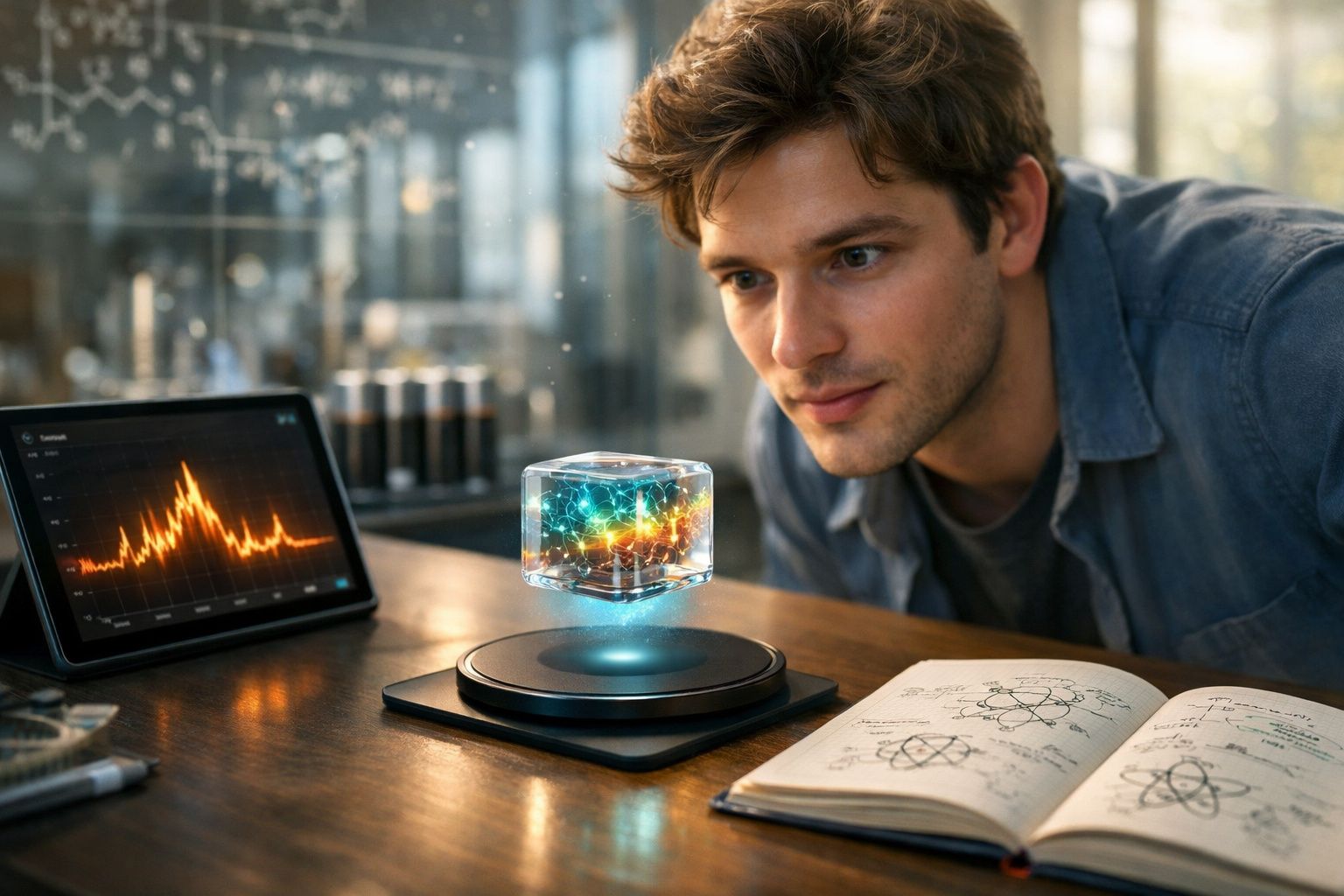 Homem observa cubo holográfico flutuante numa mesa com gráfico e livro de esquemas científicos.