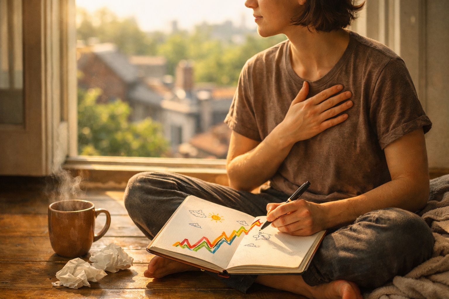 Pessoa sentada de pernas cruzadas junto a uma janela, desenhando gráficos coloridos num caderno com chá quente ao lado.
