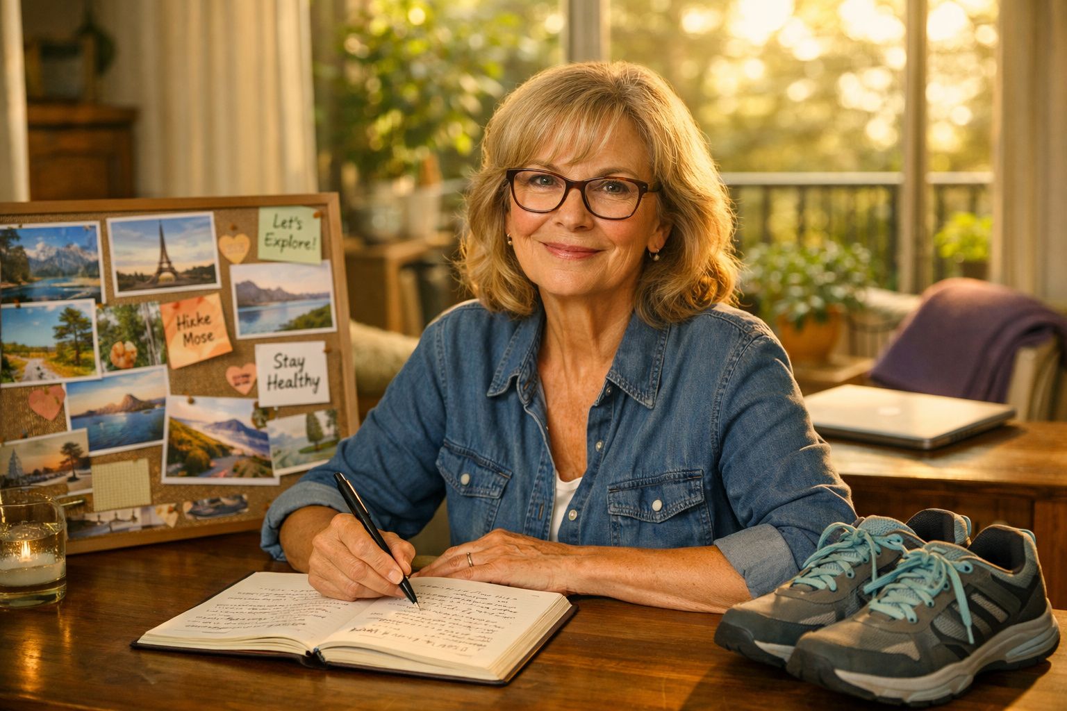 Mulher sorridente sentada a uma mesa a escrever num caderno, com ténis e quadro de viagens ao fundo.