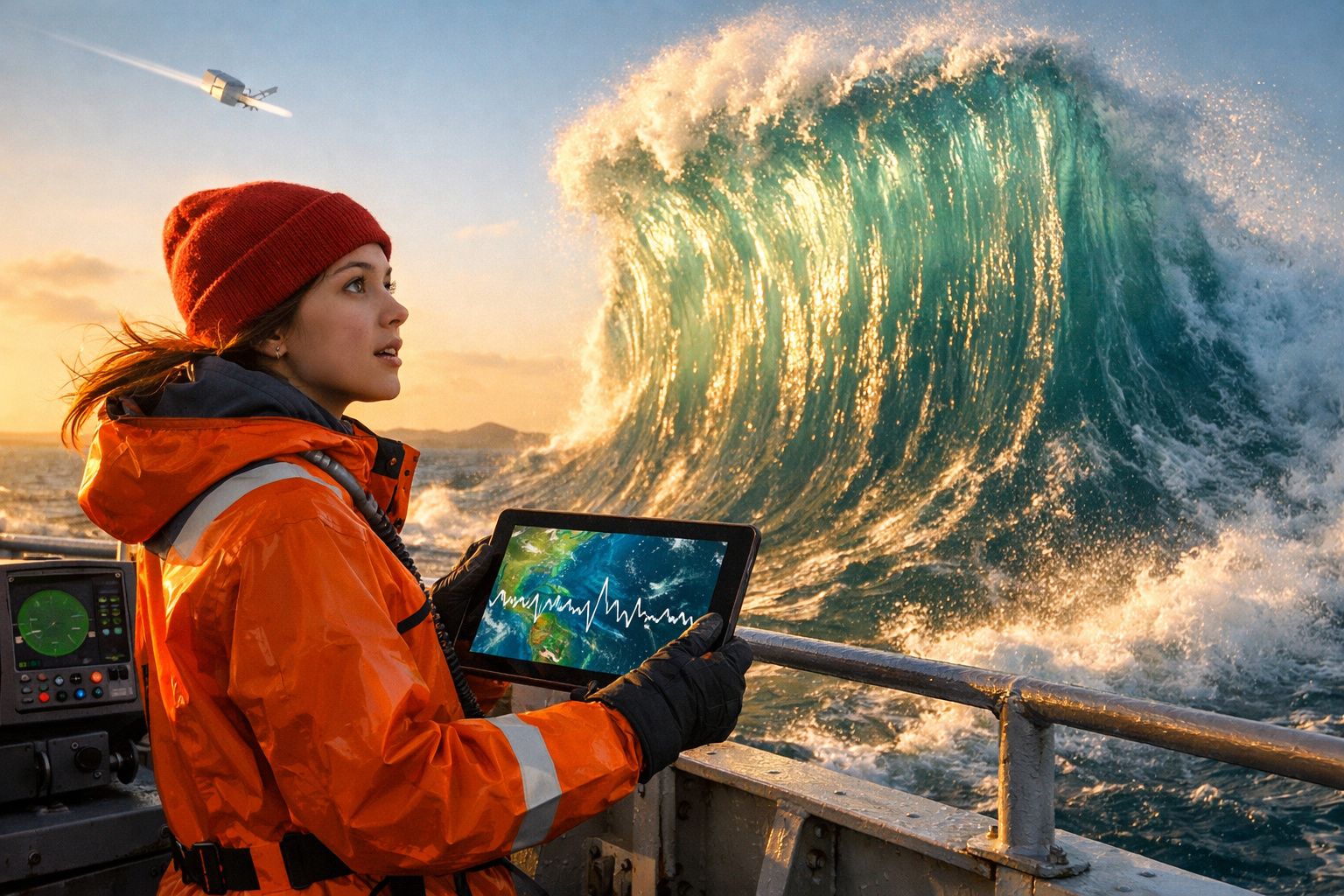 Mulher de casaco laranja segura tablet num barco perto de uma onda gigante no mar ao pôr do sol.