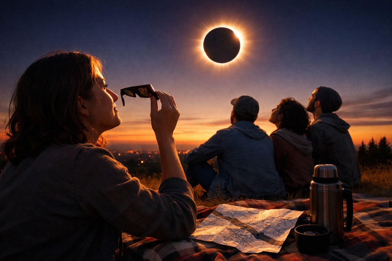 Quatro pessoas observam um eclipse solar com filtros, sentadas num campo ao pôr do sol.