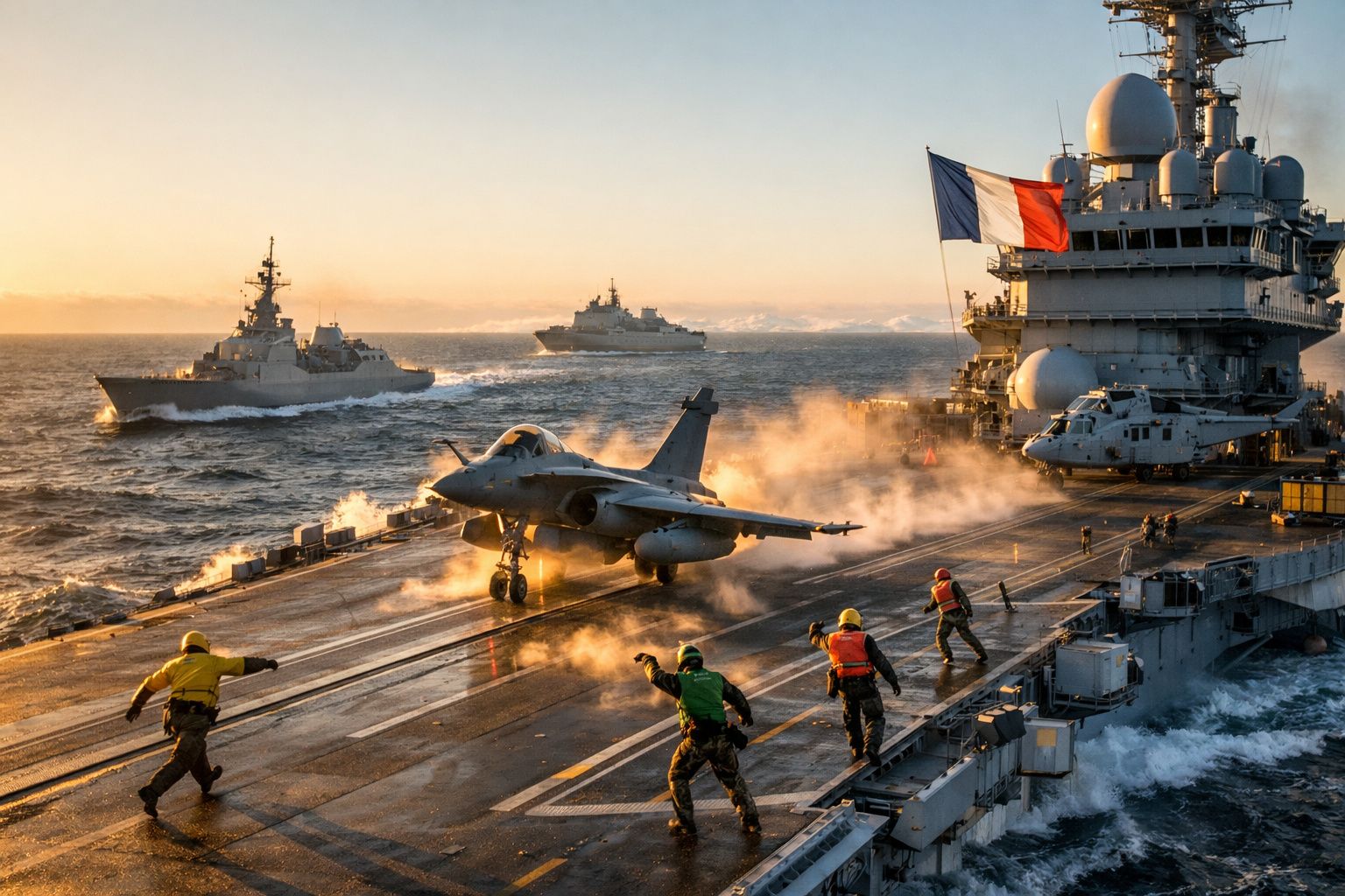 Caça-bombardeiro na pista de um porta-aviões com bandeira francesa, acompanhado por navios de guerra ao pôr do sol.