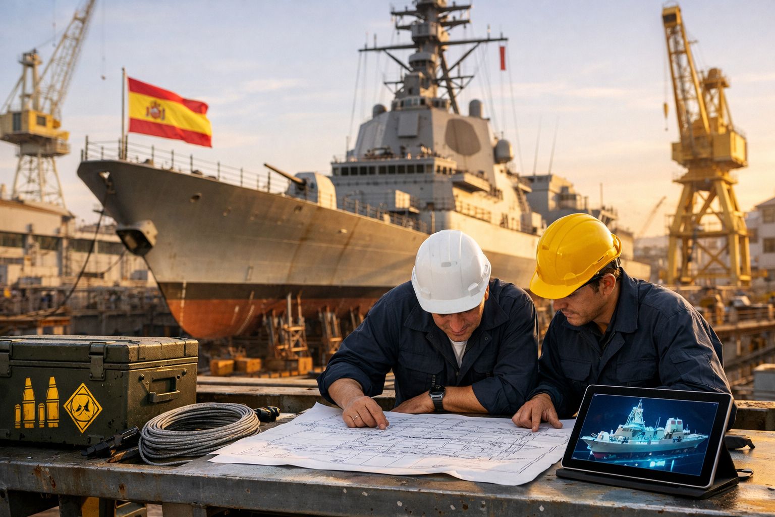 Dois engenheiros com capacetes a analisar plantas num estaleiro naval com um navio de guerra ao fundo e bandeira espanhola.