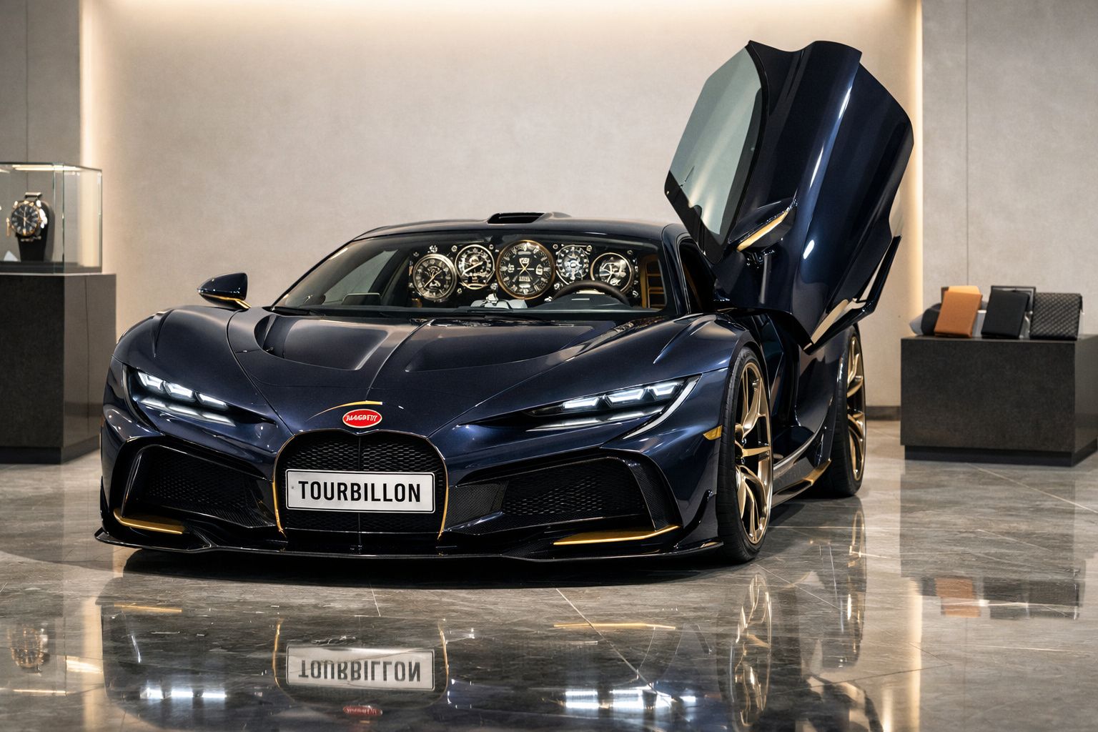 Carro desportivo Bugatti Tourbillon azul escuro com a porta dianteira aberta em showroom moderno.
