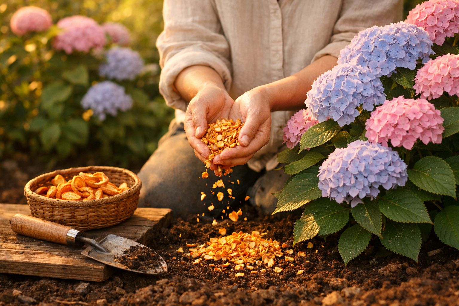 Pessoa a fertilizar o solo de plantas de hortênsias cor-de-rosa e lilás com cascas secas trituradas.