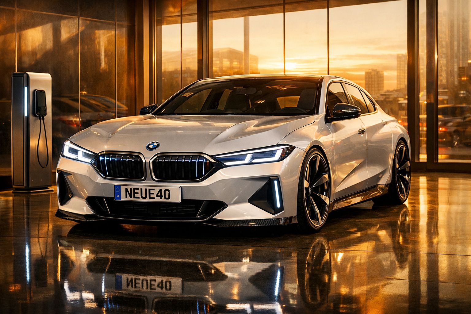 Carro BMW elétrico branco estacionado ao pôr-do-sol, com carroçaria brilhante e faróis LED ligados.