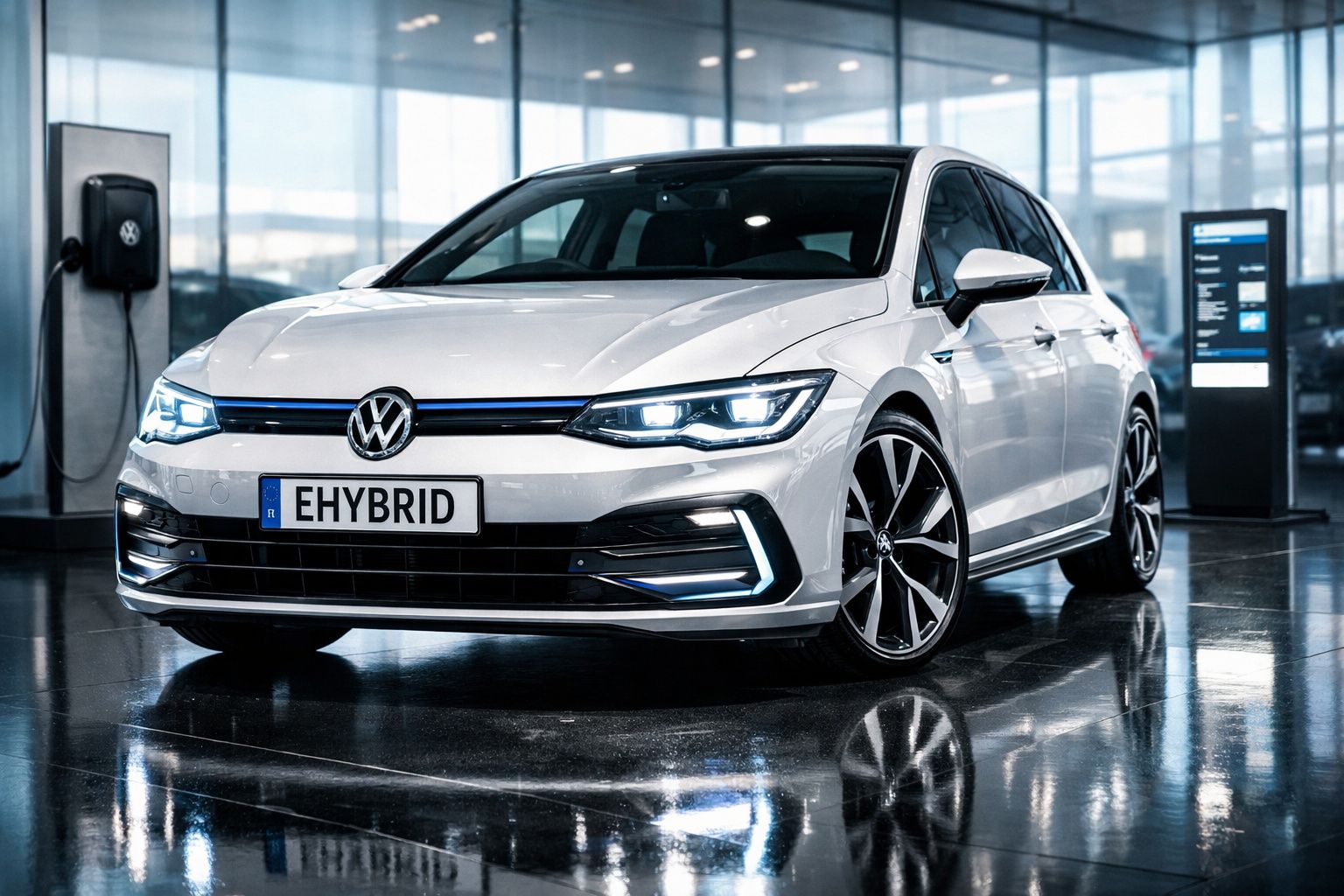 Carro Volkswagen branco híbrido estacionado numa sala moderna com chão refletor e carregador elétrico na parede.