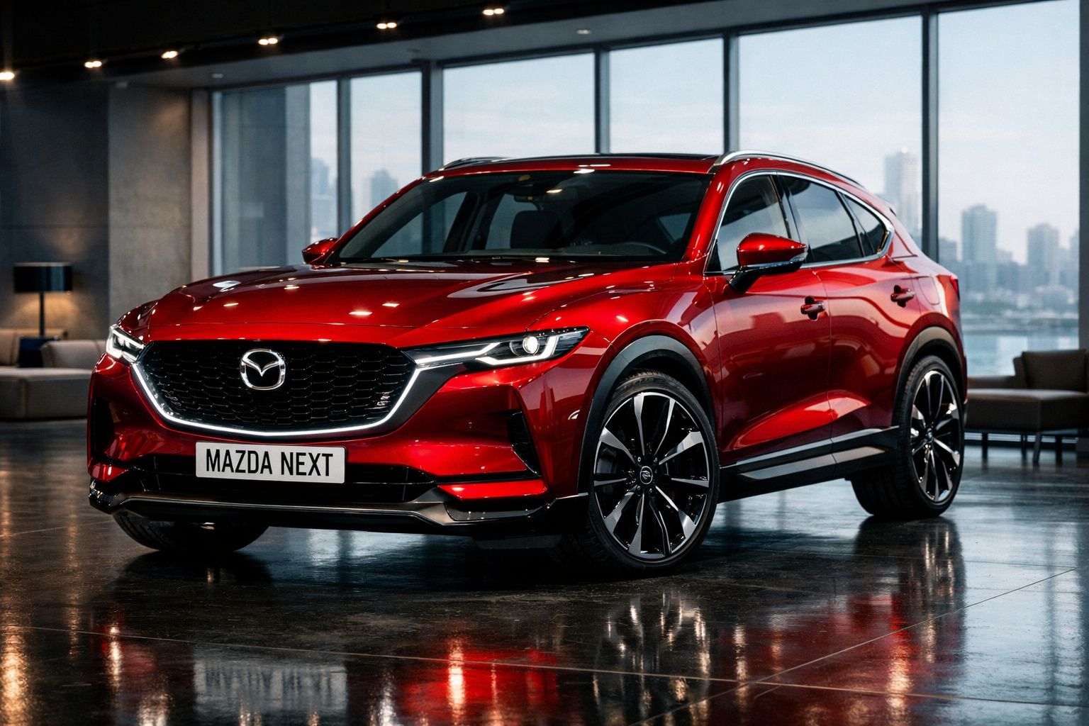 Carro SUV Mazda vermelho brilhante estacionado num salão com janelas grandes e vista para cidade.