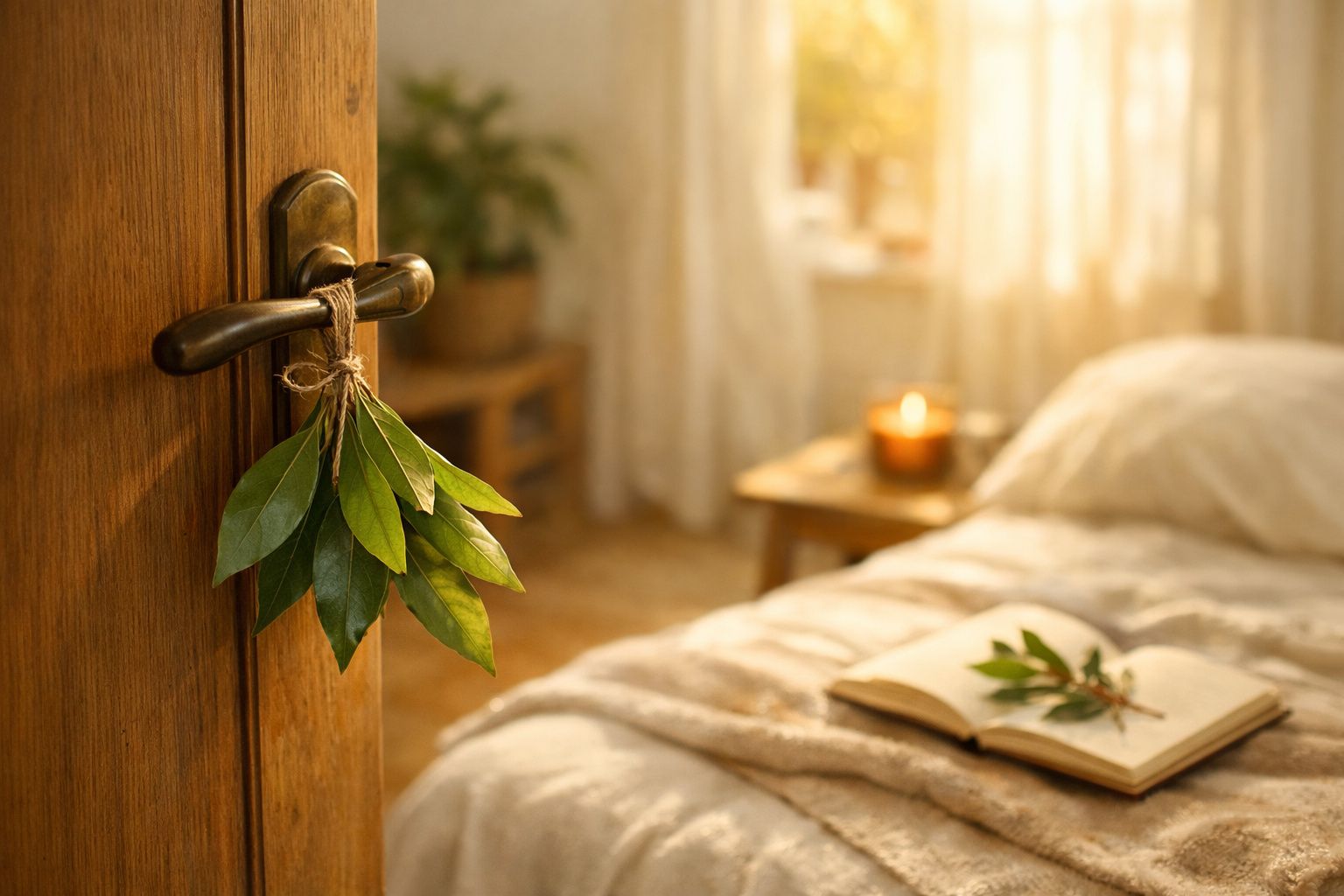 Folhas verdes penduradas na maçaneta de uma porta de madeira, com cama e ambiente acolhedor ao fundo.