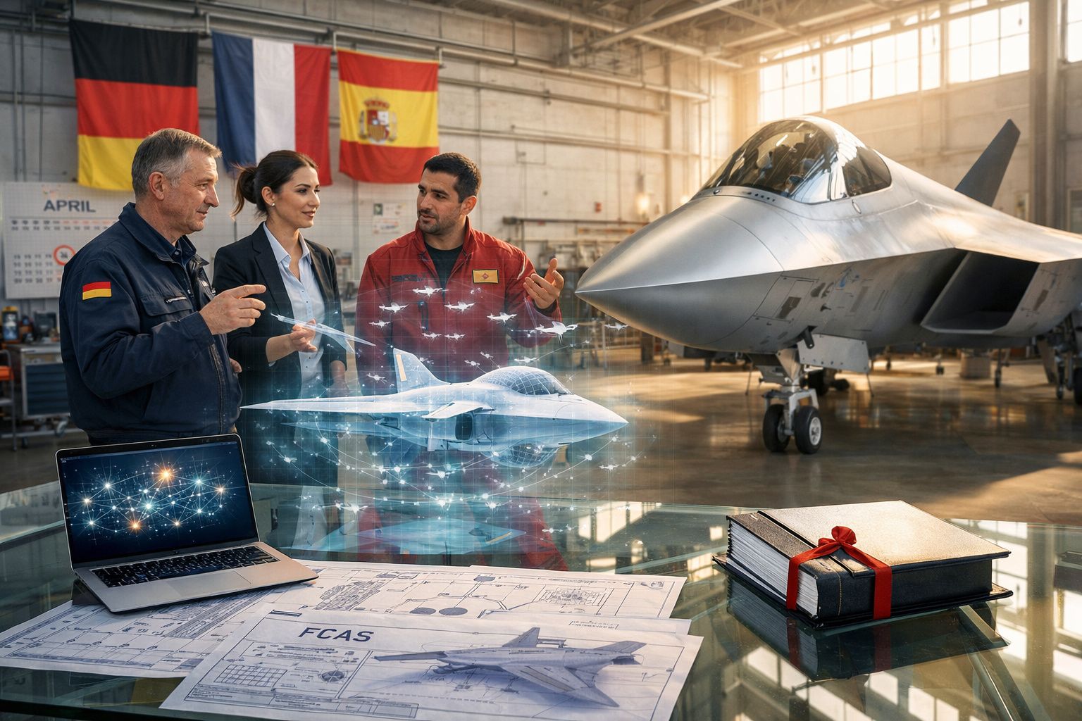 Três engenheiros discutem projeto digital de avião militar numa fábrica com jato e plantas técnicas na mesa.