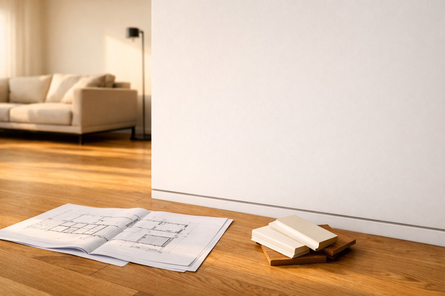 Planta de arquitetura aberta no chão de madeira com amostras de cores ao lado, sofá desfocado ao fundo.