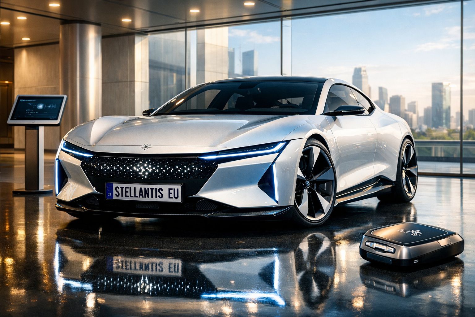 Carro elétrico desportivo moderno prateado exibido em salão com painel digital e mala robusta no chão.