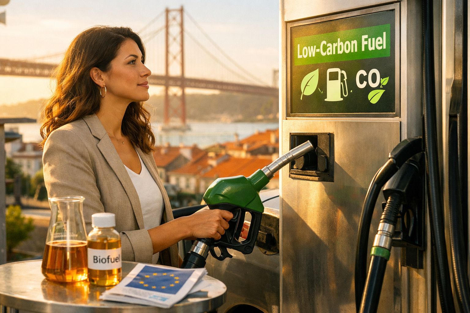 Mulher abastece carro com combustível de baixo carbono numa bomba ecológica num cenário urbano ao pôr do sol.