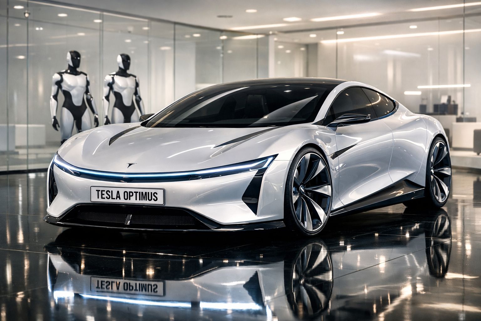 Carro elétrico Tesla Optimus branco com design futurista numa sala moderna com dois robôs ao fundo.