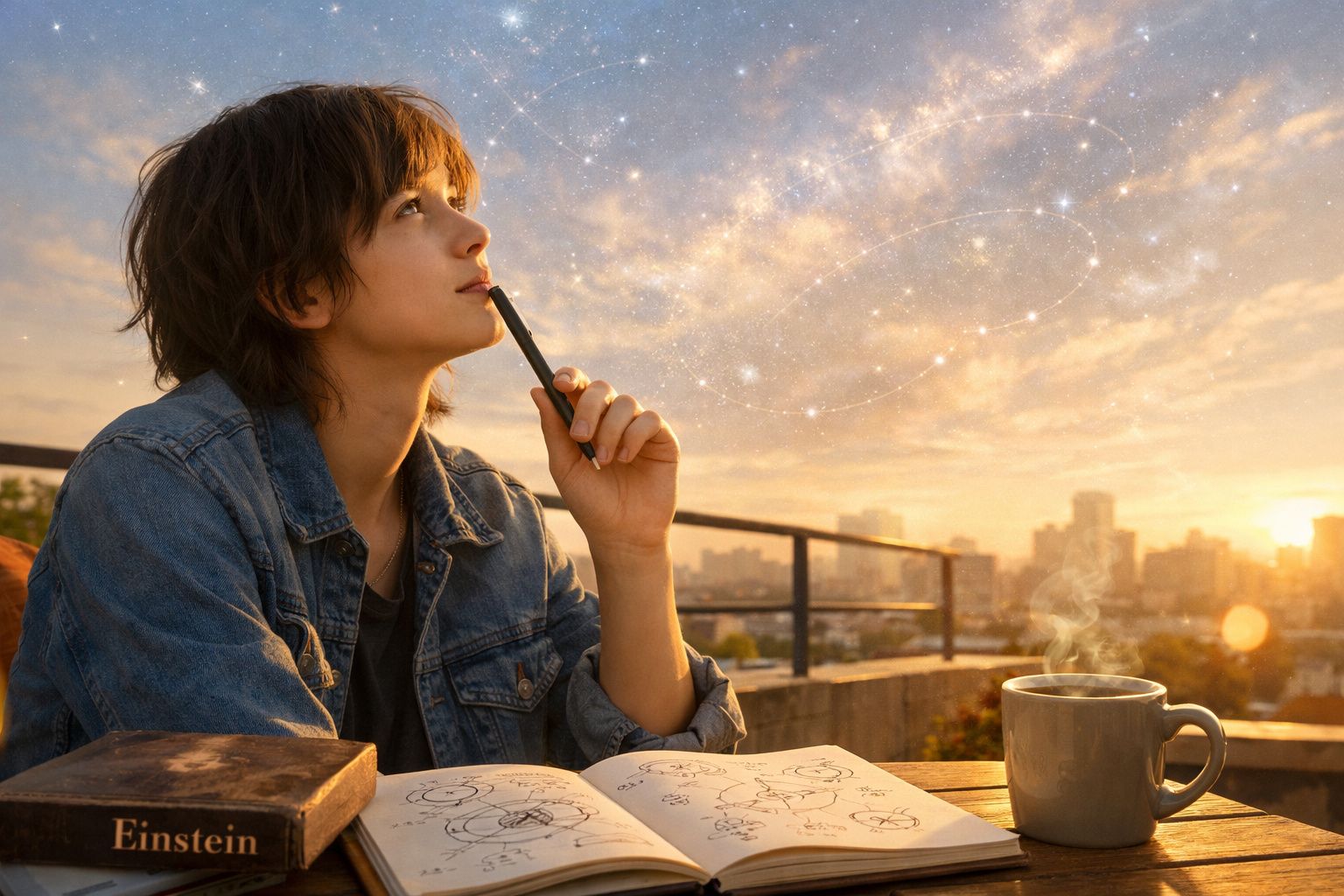 Pessoa jovem a olhar para o céu imaginando estrelas, com caderno, caneta e chá numa varanda ao pôr do sol.