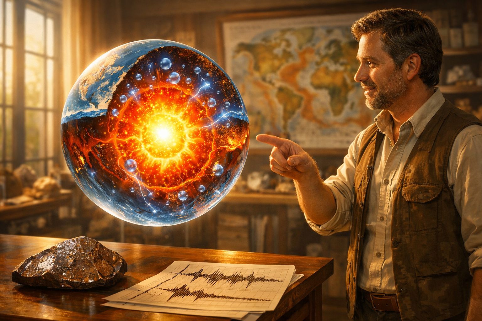 Homem observa modelo iluminado do interior da Terra com núcleo em fusão numa sala de estudo com mapa mundial.