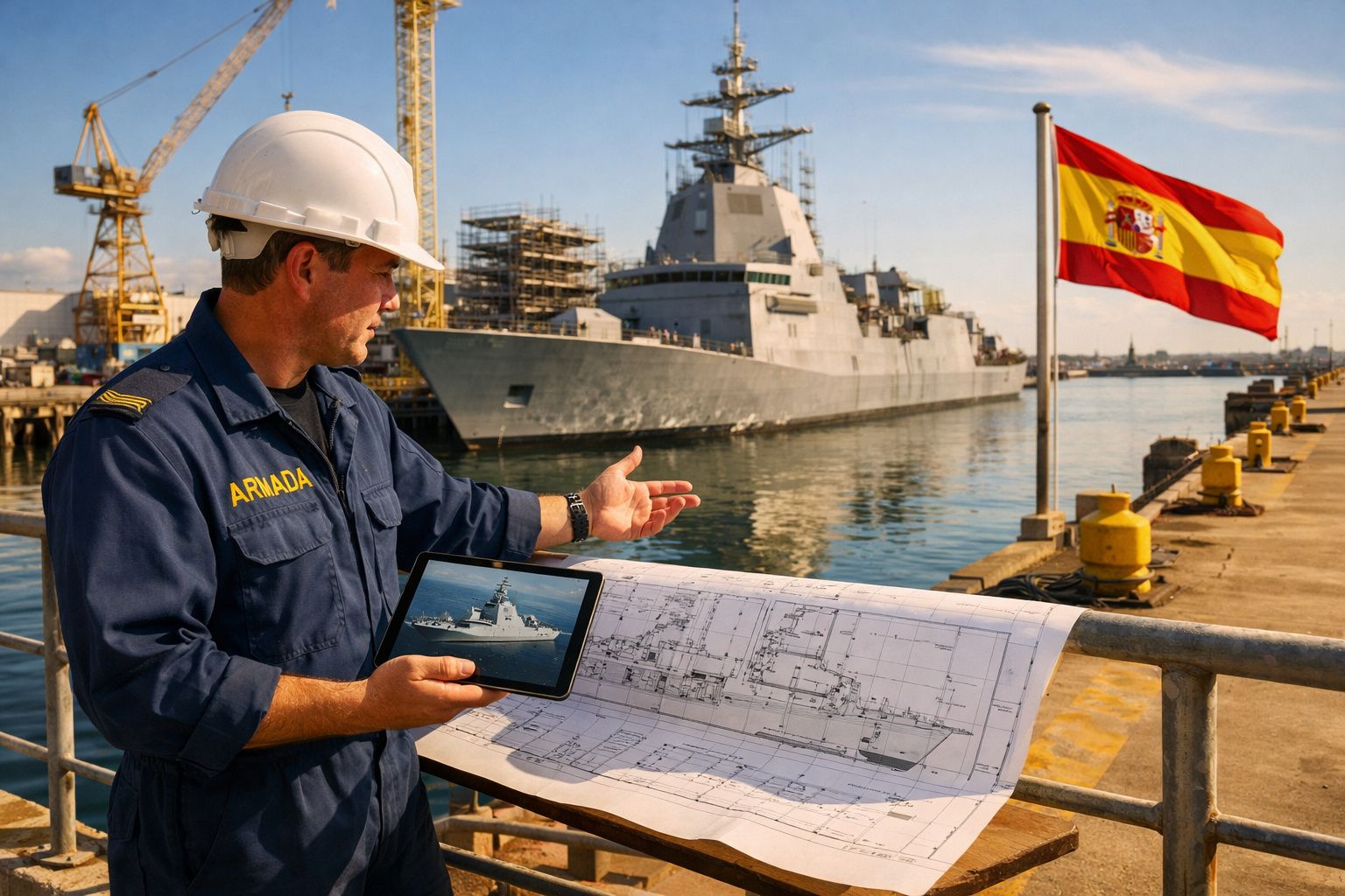 Homem da marinha espanhola com capacete a analisar planta de navio, com fragata e bandeira de Espanha ao fundo.
