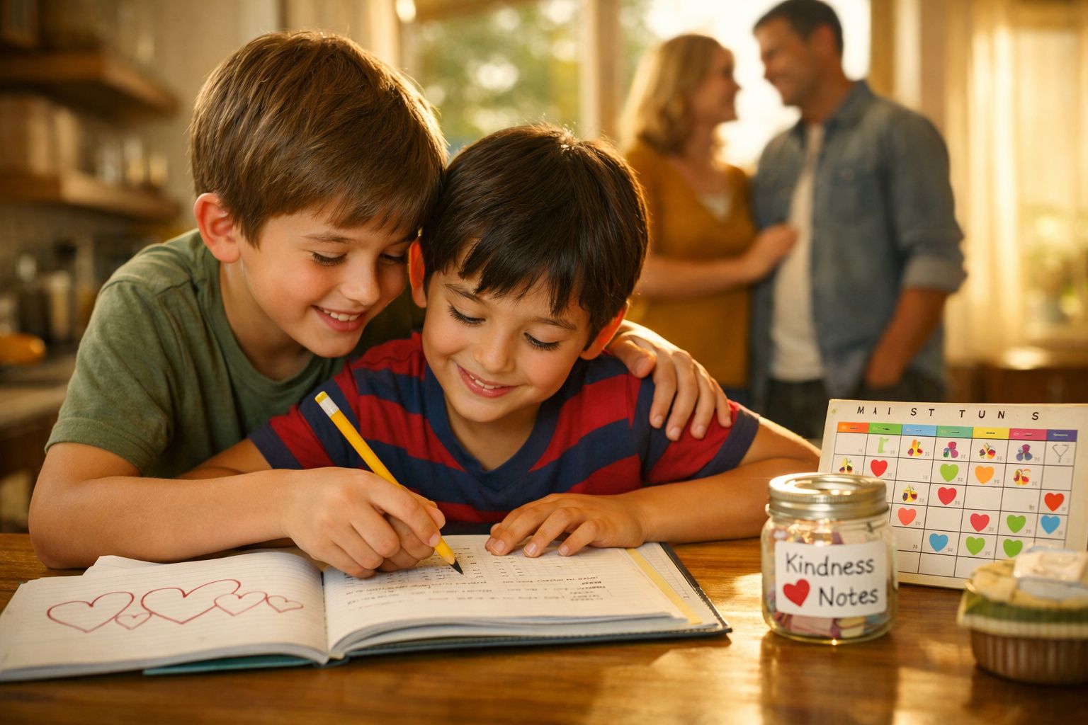 Dois irmãos felizes a fazerem os trabalhos de casa juntos enquanto os pais conversam ao fundo.