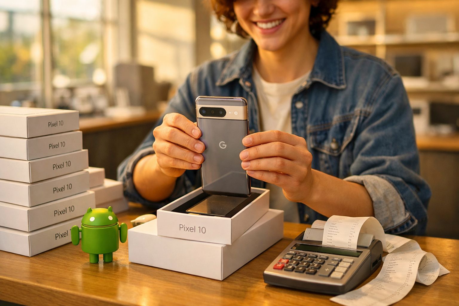 Pessoa desembrulha um smartphone Pixel 10 junto a várias caixas empilhadas e uma calculadora com talão.